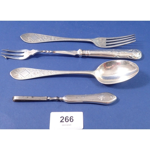 266 - A Victorian silver child's spoon and fork 1868 by Richard Martin and Ebenzer Hall plus a silver hand... 