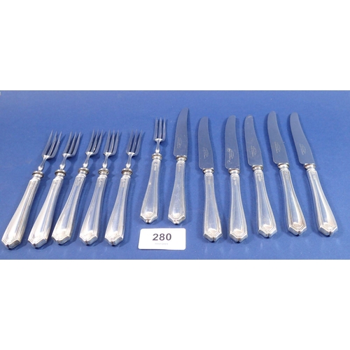 280 - A set of six silver handled fruit forks and knives, Sheffield 1964 by Elkington