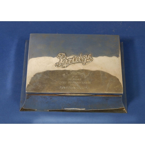 288 - A silver Bridge playing card box engraved presentation, Birmingham 1905, 18cm wide