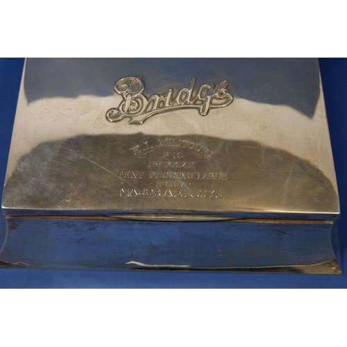 288 - A silver Bridge playing card box engraved presentation, Birmingham 1905, 18cm wide