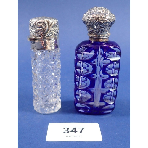 347 - A blue overlaid and cut glass scent bottle with silver lid (lid a/f) and a cut glass and silver smel... 