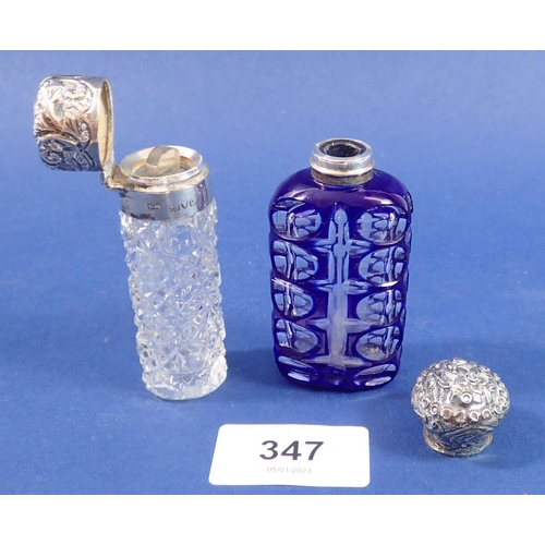 347 - A blue overlaid and cut glass scent bottle with silver lid (lid a/f) and a cut glass and silver smel... 