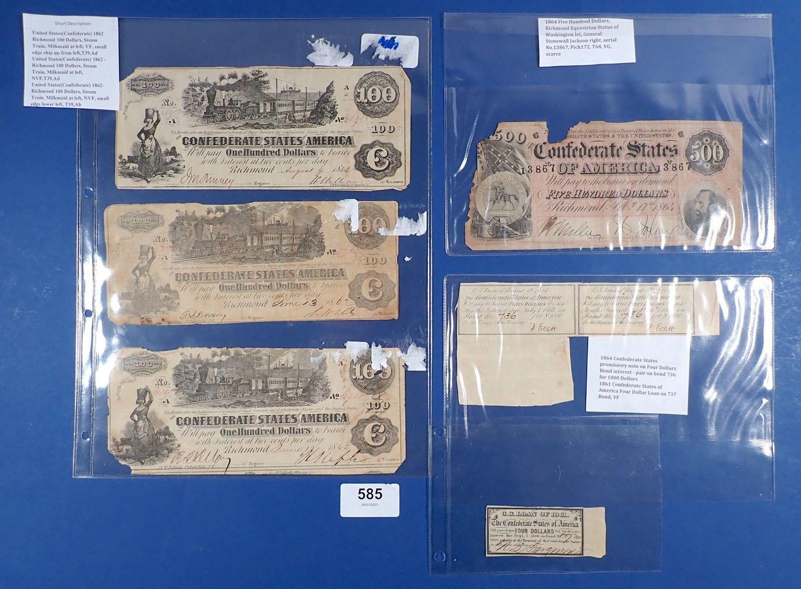 A quantity of banknotes and promissory bonds reference the Confederate ...