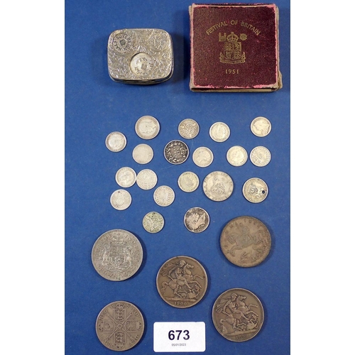 673 - A quantity of silver content coinage including: Victoria: crowns, double florin, threepence, crowns ... 