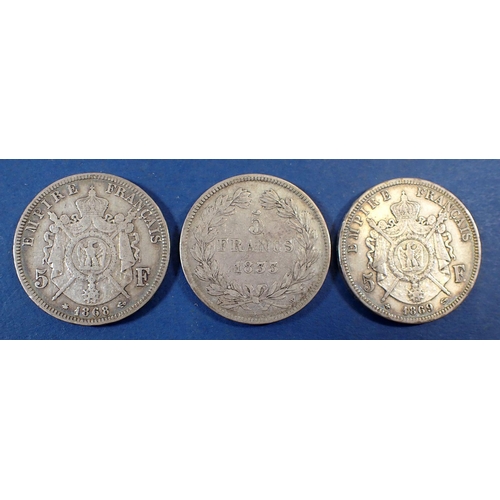 678 - A quantity of (3) silver French 5 Francs dates: 1833 1868 and 1869, 1833 Philippe I Lille Mint, 1868... 