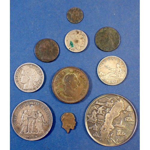 682 - A miscellaneous lot of coinage (some silver) and Sweden medallion including: France Republic: 5 fran... 