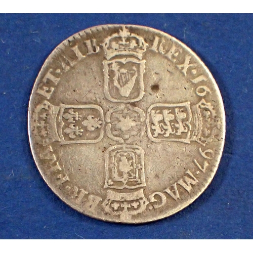 685 - Silver shilling William III 1697 third bust variety - Condition: Fine