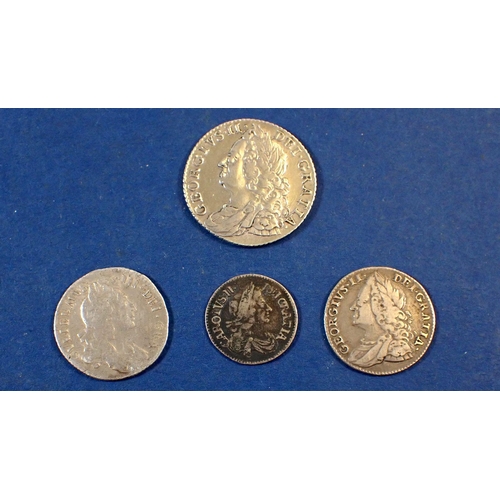 696 - Charles II threepence, George II sixpence or shilling in fine condition and worn William III sixpenc... 