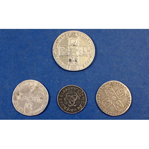 696 - Charles II threepence, George II sixpence or shilling in fine condition and worn William III sixpenc... 