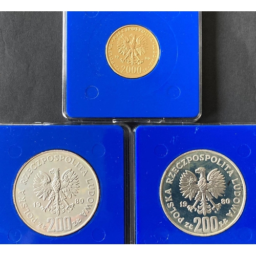 715 - Polish proof gold and silver 1980 Lake Placid Winter Olympic commemorative set of 3 coins in origina... 