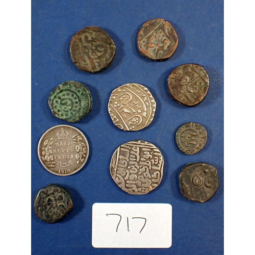 717 - Quantity of India coinage including: Princely States: white metal and copper bronze - 9 total plus E... 