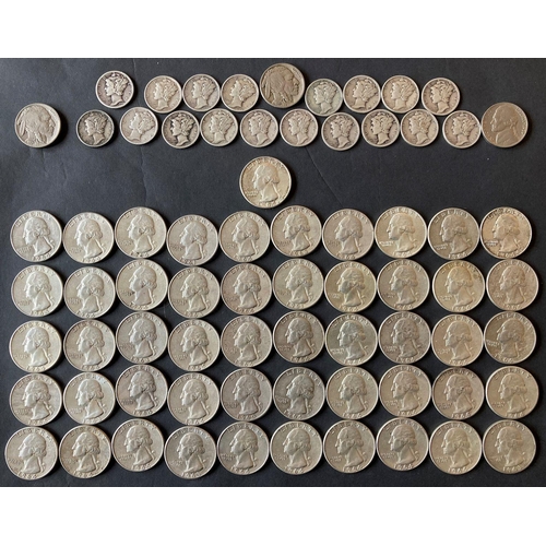 722 - Collection of US silver & other coins from 1920s to 60s. Incl 51 Washington Quarters 25c, 18 Mercury... 