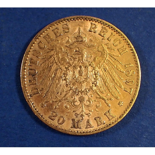 726 - Gold: German States: Prussia 20 Mark Wilhelm II 1897, Berlin Mint. Condition: VF