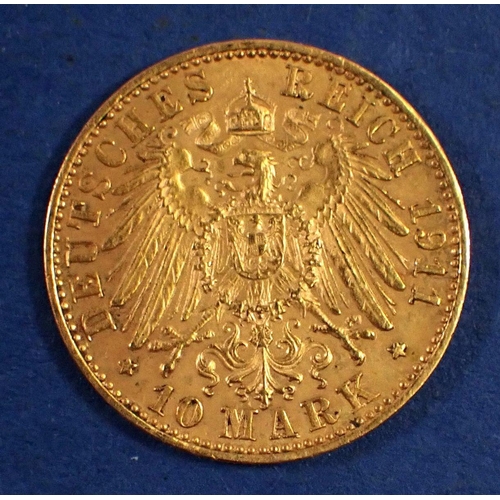 728 - Gold: German States Prussia 10 Marks, Wilhelm II 1911, Berlin Mint Condition: VF