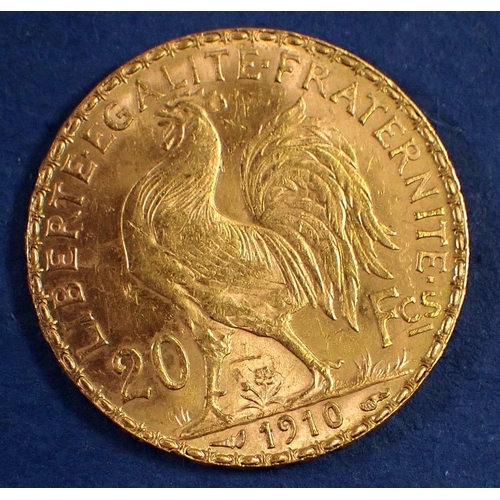 729 - Gold: France 20 Francs 1910, edge lettering:Liberte Egalite Fraternite, all dates from 1907-1914 hav... 