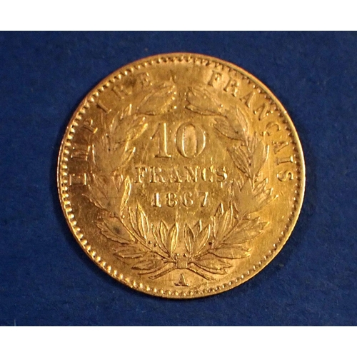 732 - France: gold 10 francs, Napoleon III 1867, Paris mint, Condition: Fine