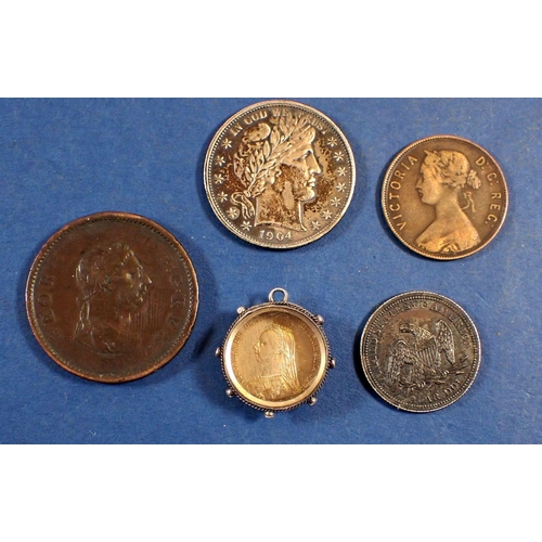 733 - Miscellaneous lot of coinage including: Encased gilt sixpence 1887 with enamel, George III 1807 penn... 