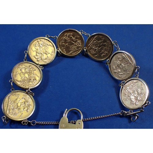 742 - A bracelet with encased gold sovereigns dates: 1891 2 off, 1890, 1892, 1895, 1896 and 1899 Victorian... 