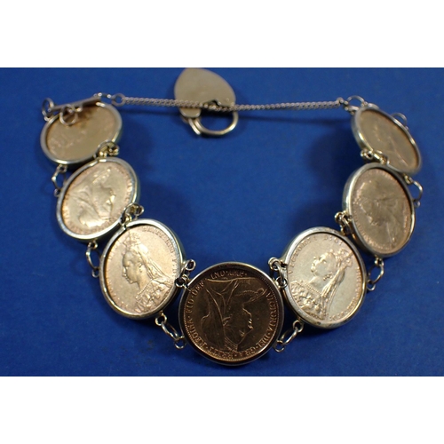 742 - A bracelet with encased gold sovereigns dates: 1891 2 off, 1890, 1892, 1895, 1896 and 1899 Victorian... 