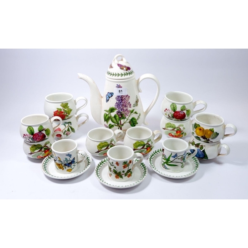 81 - A Portmeirion Botanic Garden coffee pot, four large mugs, six smaller mugs and three coffee cups and... 