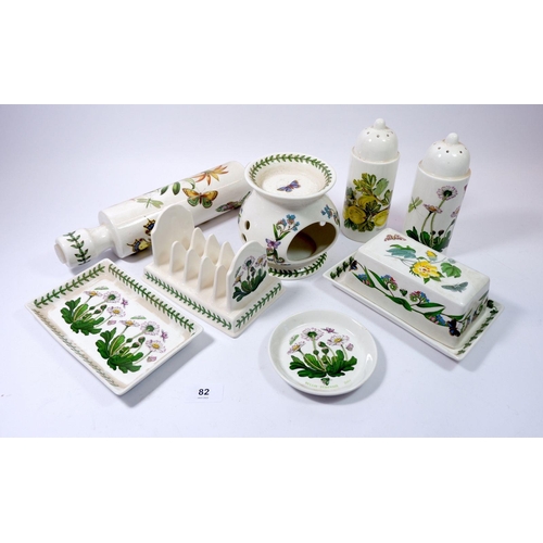 82 - A Portmeirion group of items including butter dish, rolling pin, toast rack, pin dish, oil diffuser,... 