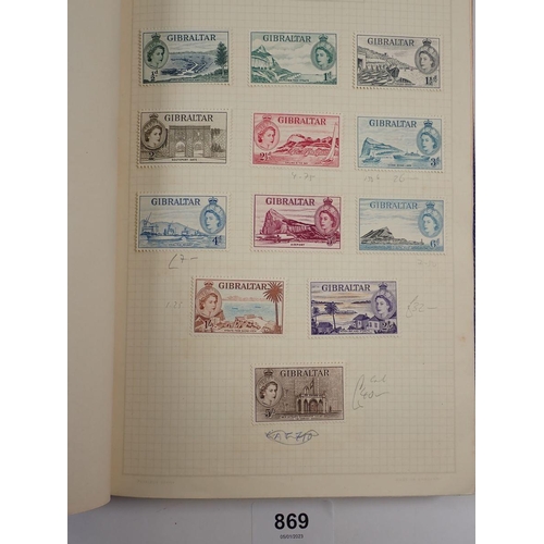 869 - GB/Br Empire: Blue 'Popular' album of QV-QEII period with values up to 5/- seen in KGVI/QEII Gibralt... 