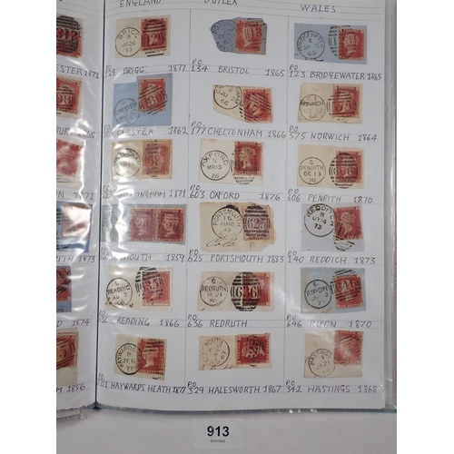 913 - GB: Folder of postmarks & postal history countrywide, mostly used 1d reds (c200) and others incl lat... 