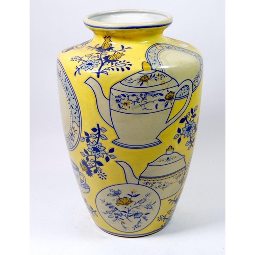 97 - An Oriental vase decorated with teapot, cups, saucers and plates marked The property of Bibby Trade ... 