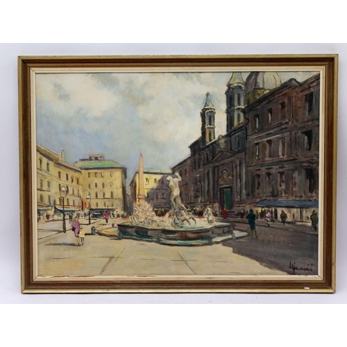 1008 - A large oil on board Plazza Navona, Rome - signed indistinctly, 67 x 93cm