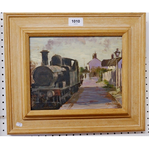 1010 - Alan Ward - small oil on board steam train at a station, 19 x 23cm