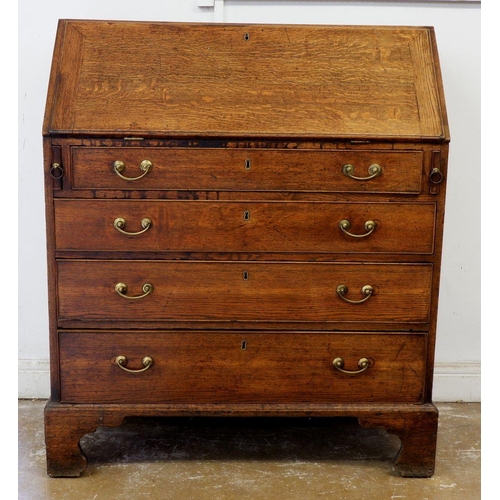 1012 - A Georgian mahogany bureau with fitted interior over four drawers, 94cm wide x 112cm high