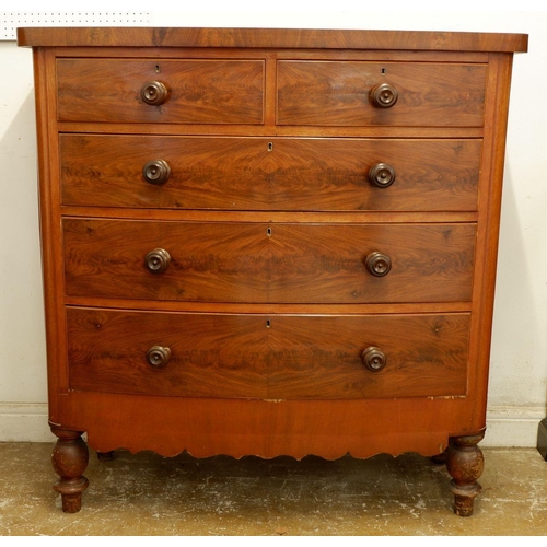 1013 - A Victorian bow fronted chest of two short and three long drawers, 119 x 51 x 123cm high