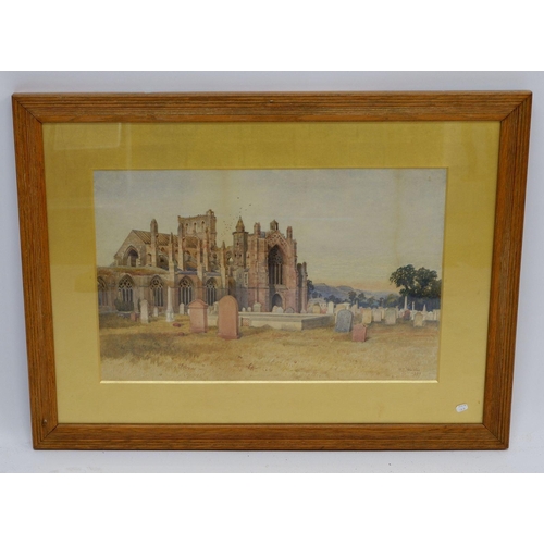 1015 - William Heatlie - watercolour Melrose Abbey, 92 x 49cm