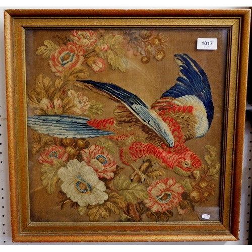 1017 - A Victorian tapestry picture of a parrot and flowers, 39cm square