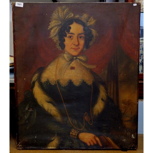 1021 - A Victorian oil on canvas portrait of a lady with lace collar, 63 x 76cm