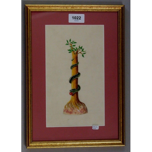 1022 - A Victorian watercolour of a snake coiled around a tree with apple, 24 x 14cm