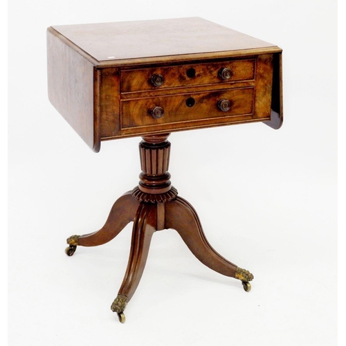 1027 - A 19th century mahogany dropleaf work table with two drawers on turned column and quadruple supports... 