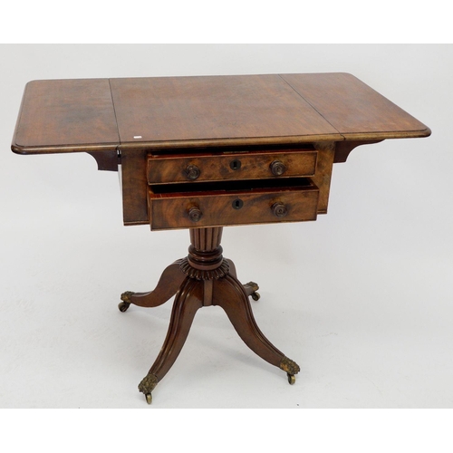 1027 - A 19th century mahogany dropleaf work table with two drawers on turned column and quadruple supports... 