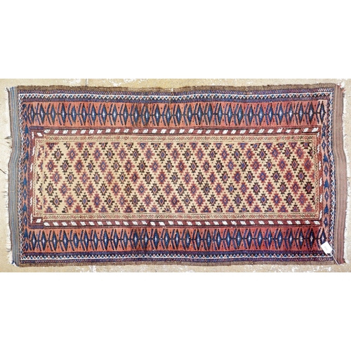 1030 - A Turkoman rug with multiple guls on a beige ground, 150 x 80cm