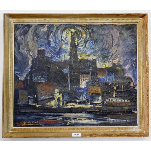 1039 - Martin Ocana - oil on canvas townscape at night, 45 x 54cm, signed, some flaking paint