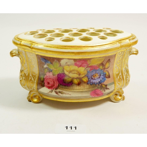 111 - An early 19th century Derby bough pot and cover painted reserve of garden flowers in gilt scrollwork... 