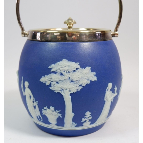 4 - A Wedgwood blue Jasperware biscuit barrel with silver plated mounts