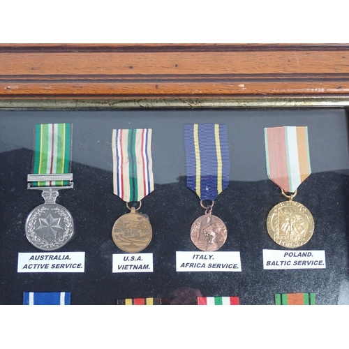 541 - A collection of WWII world medals, framed and glazed, some replicas