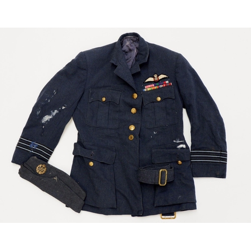 544A - An RAF officers jacket with medal ribbons, side cap and belt