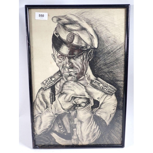 550 - A pen and ink portrait of an army officer, 45 x 30cm