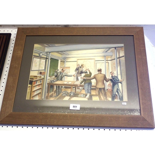 551 - A 1940's watercolour depicting airforce RAF operations room