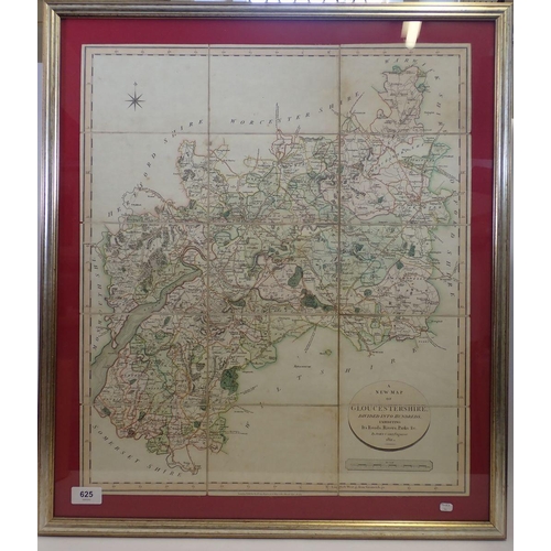 625 - An early 19th century map of Gloucestershire by John Cary, cut and mounted on linen 1811, 57 x 49cm