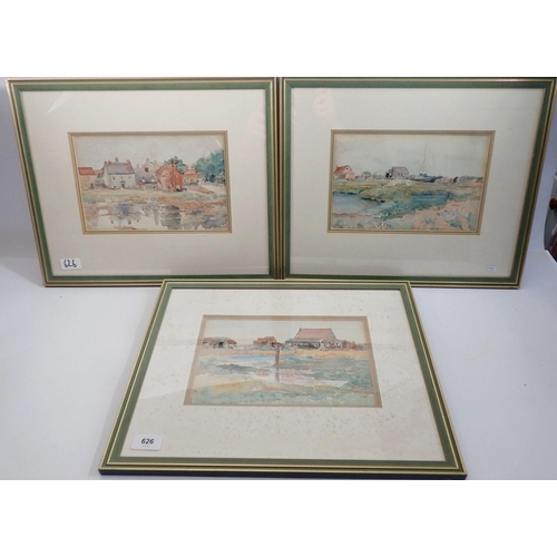 626 - Illingworth Varley - three watercolour landscapes, 26 x 23cm