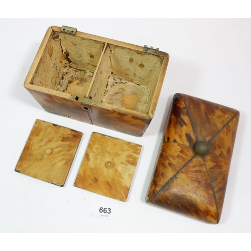 663 - A 19th century tortoiseshell tea caddy with two interior lids, hinge a/f, 16.5cm wide