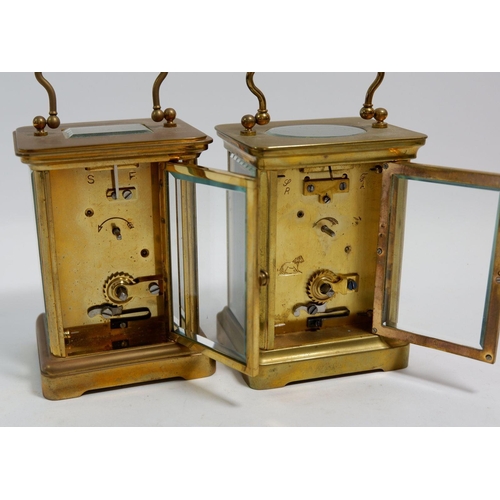 673 - Two brass carriage clocks, one by Matthew Norman, 11cm tall